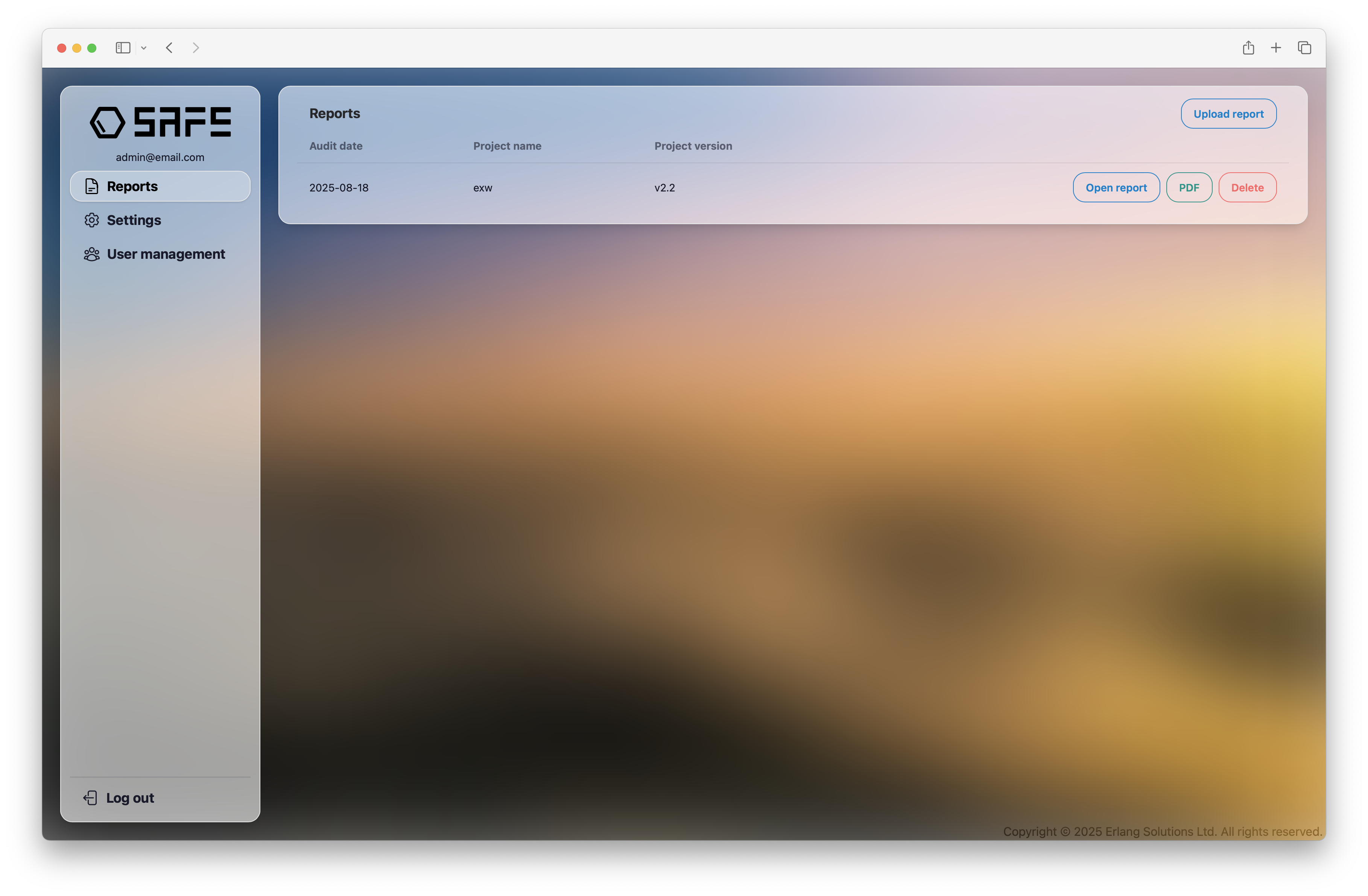 The Overview page with a report uploaded